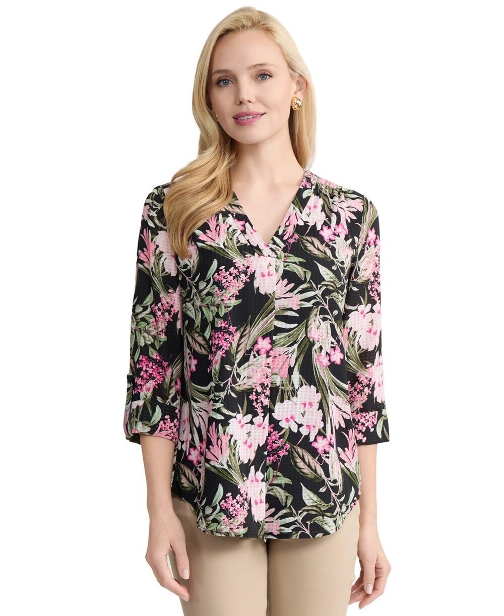 Jones New York Women's Printed 3/4-Sleeve V-Neck Tunic Multi Size S 3859